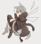  1girl ahoge animal_ears bangs boots borrowed_character brown_cape brown_footwear brown_gloves brown_jacket brown_legwear brown_shorts cape commentary_request floating from_behind full_body fur-trimmed_boots fur-trimmed_cape fur-trimmed_jacket fur_trim gloves grey_background grey_eyes highres jacket knees_up lack_sikio long_sleeves looking_at_viewer original parted_lips puffy_long_sleeves puffy_sleeves pumpkin_pants short_hair shorts solo tail thigh-highs white_hair 