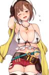 1girl ;d atelier_(series) atelier_ryza belt bikini_top black_gloves blush breasts brown_eyes brown_hair collarbone commentary_request gloves hair_ornament jewelry large_breasts looking_at_viewer navel necklace one_eye_closed open_mouth red_shorts reisalin_stout short_hair short_shorts shorts simple_background single_glove smile solo star teeth thigh-highs white_background white_bikini_top white_headwear yuuzuki_(re&#039;ef) 