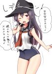  1girl adapted_costume akatsuki_(kantai_collection) anchor_symbol black_headwear black_sailor_collar black_swimsuit commentary_request cowboy_shot flat_cap hair_between_eyes hat highres kantai_collection long_hair messy_hair neckerchief no_pants one_eye_closed purple_hair red_neckwear sailor_collar school_swimsuit sleeveless smile solo standing swimsuit swimsuit_under_clothes translation_request violet_eyes yuu_(alsiel) 