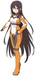  1girl belt black_bodysuit black_eyes black_gloves black_hair bodysuit breasts character_request commentary_request copyright_request frown full_body gloves hair_between_eyes long_hair looking_at_viewer medium_breasts multicolored multicolored_bodysuit multicolored_clothes orange_bodysuit shiseki_hirame simple_background solo very_long_hair white_background white_bodysuit 