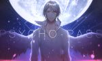  1girl angel_wings bishounen collarbone copyright_name dress_shirt feathered_wings highres long_sleeves looking_at_viewer makishima_shougo male_focus miyamotokannn moon psycho-pass shiny shiny_hair shirt short_hair silver_hair smile solo standing upper_body white_shirt white_wings wings yellow_eyes 