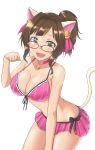  1girl :d aimobake animal_ears bare_arms bare_shoulders bell bikini bikini_skirt breasts brown_hair cat_ears cat_girl cat_tail choker collarbone commentary_request cowboy_shot fang front-tie_bikini front-tie_top glasses green_eyes hair_intakes hand_up highres idolmaster idolmaster_cinderella_girls jingle_bell large_breasts leaning_forward long_hair looking_at_viewer maekawa_miku mole mole_on_breast open_mouth pink_bikini pink_choker ponytail red-framed_eyewear sidelocks simple_background smile solo standing stomach striped striped_bikini swimsuit tail thighs white_background 