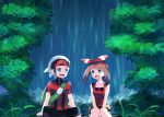  1boy 1girl :d between_legs bike_shorts black_pants black_shorts blue_eyes bow brown_hair collarbone day eye_contact hair_bow hairband hand_between_legs haruka_(pokemon) jacket long_hair looking_at_another open_mouth outdoors pants pokemon pokemon_(game) pokemon_oras red_hairband red_jacket red_shirt shirt short_shorts short_sleeves shorts shorts_under_shorts sitting sleeveless sleeveless_shirt smile striped striped_bow twintails water waterfall white_shorts yuihiko yuuki_(pokemon) 