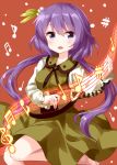  1girl barefoot biwa_lute blush brown_dress dress feet_out_of_frame flower glowing hair_flower hair_ornament highres instrument long_hair long_sleeves looking_at_viewer low_twintails lute_(instrument) music musical_note open_mouth pinafore_dress playing_instrument purple_hair red_background ruu_(tksymkw) shirt simple_background smile solo touhou treble_clef tsukumo_benben twintails violet_eyes white_shirt 