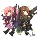  2girls :&lt; :o ar-15 assault_rifle bangs black_footwear black_gloves black_jacket black_legwear black_ribbon black_shorts blonde_hair blush boots braid brown_eyes brown_hair chibi closed_mouth commentary dated dress eyebrows_visible_through_hair girls_frontline gloves green_sweater gun hair_between_eyes hair_ribbon holding holding_gun holding_weapon jacket knee_boots long_hair long_sleeves m4_carbine m4a1_(girls_frontline) multicolored_hair multiple_girls notice_lines object_namesake open_clothes open_jacket open_mouth pantyhose pink_hair pleated_dress ponytail purple_dress red_gloves ribbed_sweater ribbon rifle shoe_soles short_shorts shorts signature simple_background single_leg_pantyhose single_thighhigh skull_print sparkle st_ar-15_(girls_frontline) streaked_hair sweater tama_yu thigh-highs very_long_hair violet_eyes weapon white_background 