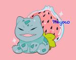 1other artist_name bulbasaur closed_eyes creatures_(company) fangs food fruit game_freak gen_1_pokemon meyoco nintendo no_humans olm_digital open_mouth pink_background pokemon pokemon_(creature) seed_(pokemon) simple_background sitting sparkle watermelon 