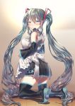  alternate_costume apron blue_eyes blue_hair hatsune_miku highres kirisaki_(miku-azu-2525) kneeling long_hair looking_at_viewer maid simple_background skirt smile tagme twintails very_long_hair vocaloid 