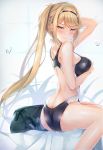  1girl arm_up ass bangs blonde_hair blush breasts butt_crack earrings gem hand_on_own_chest headpiece mythra_(xenoblade) hinot jewelry large_breasts long_hair looking_at_viewer lying nintendo ponytail shadow solo swept_bangs swimsuit thigh_strap tiara wet xenoblade_(series) xenoblade_2 yellow_eyes 