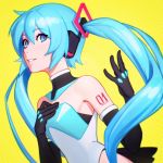  1girl aqua_eyes aqua_hair commentary cowboy_shot cytus detached_collar elbow_gloves gloves hair_between_eyes hand_on_own_chest hatsune_miku ilya_kuvshinov leotard long_hair looking_at_viewer smile solo tattoo twintails upper_body vocaloid yellow_background 