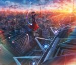  1girl black_hair blurry building cityscape clouds depth_of_field hand_up highres kenzo_093 lens_flare long_hair looking_at_viewer looking_back original red_skirt scenery skirt sky skyscraper solo star_(sky) sunset tower 