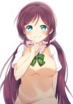  1girl blush bow bowtie cardigan clenched_teeth commentary_request eyebrows_visible_through_hair green_eyes green_neckwear index_finger_raised long_hair love_live! love_live!_school_idol_project low_twintails pimi_(ringsea21) purple_hair school_uniform shirt short_sleeves simple_background smile solo striped striped_neckwear teeth toujou_nozomi twintails white_background white_shirt yellow_cardigan 