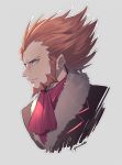  1boy beard brown_hair closed_mouth cropped_torso facial_hair fleur-de-lis_(pokemon) grey_background kusuribe long_hair male_focus pokemon pokemon_(game) pokemon_xy red_neckwear signature simple_background solo spiky_hair 