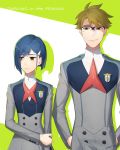  1boy 1girl blue-framed_eyewear blue_hair brown_hair closed_mouth copyright_name darling_in_the_franxx dress glasses gorou_(darling_in_the_franxx) green_eyes grey_dress hair_ornament hairclip hands_in_pocket highres ichigo_(darling_in_the_franxx) long_sleeves looking_away miyamotokannn over-rim_eyewear semi-rimless_eyewear short_hair smug 