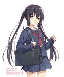  1girl bag bangs black_hair black_serafuku black_skirt blush brown_eyes closed_mouth eyebrows_visible_through_hair hair_between_eyes k-on! long_hair long_sleeves looking_at_viewer nakano_azusa sakana school_bag school_uniform serafuku skirt smile solo twintails uniform 