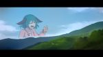  1girl animal_ears blue_sky closed_eyes commentary english_commentary eyebrows_visible_through_hair green_hair hand_up highres kasodani_kyouko landscape letterboxed medium_hair meme open_mouth parody sky solo speckticuls touhou v-shaped_eyebrows 