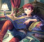  1boy blue_eyes bomssp book highres jr. lamp looking_at_viewer pile_of_books redhead single_earing sitting_on-bed solo xenosaga 