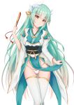  1girl absurdres aqua_hair ass_visible_through_thighs dragon_girl dragon_horns fan fate/grand_order fate_(series) folding_fan highres holding holding_fan horns japanese_clothes kiyohime_(fate/grand_order) long_hair obi panties sash simple_background solo standing thigh-highs tming underwear white_background white_legwear white_panties wide_sleeves yellow_eyes 