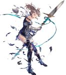  1girl armor bare_shoulders belt boots broken_armor brown_eyes brown_hair cynthia_(fire_emblem) dress fire_emblem fire_emblem:_kakusei fire_emblem_heroes full_body gauntlets highres long_hair official_art open_mouth polearm short_dress spear thigh-highs thigh_boots torn_clothes twintails weapon 