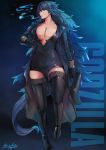  1girl absurdly_long_hair bangs black_bodysuit black_coat black_footwear black_gloves blue_hair bodysuit boots breasts character_name coat collarbone gloves godzilla godzilla_(series) highres hiroki_ree holding_megaphone large_breasts long_hair long_sleeves looking_away messy_hair open_clothes open_coat partial_bodysuit personification sharp_teeth sidelocks signature smoking tail teeth thigh-highs thigh_boots very_long_hair yellow_eyes 