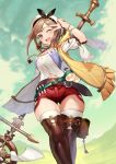  1girl atelier_(series) atelier_ryza belt blush breasts brown_eyes brown_hair hair_ornament hairclip hat highres jewelry looking_at_viewer necklace one_eye_closed open_mouth pyz_(cath_x_tech) red_shorts reisalin_stout short_shorts shorts simple_background smile solo thigh-highs thighs v weapon 