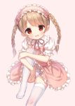  1girl :d bangs blush bow braid brown_background brown_hair chitosezaka_suzu collared_shirt commentary_request dress dress_shirt eyebrows_visible_through_hair frilled_hairband frilled_shirt_collar frills hairband knee_up leg_hug looking_at_viewer no_shoes open_mouth original panties pink_bow pink_dress pink_hairband puffy_short_sleeves puffy_sleeves red_eyes shirt short_sleeves simple_background sitting sleeveless sleeveless_dress smile solo thigh-highs twin_braids twintails underwear white_legwear white_panties white_shirt 