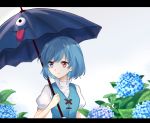 1girl arm_at_side arm_up blue_eyes blue_hair blue_vest blurry breasts clouds cloudy_sky commentary_request depth_of_field expressionless flower heterochromia high_collar highres holding holding_umbrella hydrangea karakasa_obake leaf letterboxed looking_to_the_side outdoors puffy_short_sleeves puffy_sleeves raki_(for03ge) red_eyes shirt short_hair short_sleeves sky small_breasts solo standing tatara_kogasa touhou umbrella upper_body vest water_drop white_shirt 