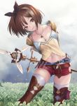  1girl absurdres atelier_(series) atelier_ryza belt breasts brown_eyes brown_hair clouds cloudy_sky commentary_request day field hair_ornament hair_ribbon hairband hairclip highres jewelry leaning_to_the_side looking_at_viewer navel necklace nekobell outdoors red_shorts reisalin_stout ribbon short_shorts shorts sky smile solo standing star sword thigh-highs thighs weapon 