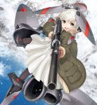 1girl :d aiming bangs blue_sky blush brown_legwear clouds coat day dress eyebrows_visible_through_hair fur-trimmed_coat fur-trimmed_sleeves fur_trim green_coat grey_eyes gun holding holding_gun holding_weapon mecha_musume military nanaroku_(fortress76) open_clothes open_coat open_mouth original outdoors pantyhose pleated_dress red_star round_teeth russian_text scope silver_hair sky smile snow snowing solo star teeth translation_request upper_teeth v-shaped_eyebrows weapon weapon_request white_dress 