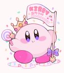  anniversary beamed_eighth_notes blue_eyes blush_stickers bow candy confetti crown eighth_note english_text flag food invincible_candy iroirobox kirby kirby_(series) lollipop looking_at_viewer musical_note no_humans purple_bow smile solo 