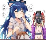  2girls :t ^_^ bangle bangs belt black_belt black_headwear blue_bow blue_hair blush bow bracelet breasts closed_eyes coat commentary_request curry debt drawstring dress drill_hair e.o. eyebrows_visible_through_hair facing_viewer food gas_mask grey_hoodie hair_bow hand_on_own_cheek hand_up hands_up hat highres holding holding_spoon hood hoodie jewelry long_hair medium_breasts multiple_girls open_clothes open_coat pendant purple_coat red_bow rice short_sleeves siblings simple_background sisters speech_bubble spoon sweat top_hat touhou translated twin_drills twintails upper_body v-shaped_eyebrows very_long_hair white_background white_dress yorigami_jo&#039;on yorigami_shion 