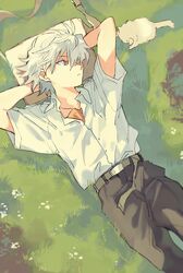  1boy animal bag belt belt_buckle black_pants buckle cat closed_mouth grass grey_hair head_on_hand looking_to_the_side lying male_focus nagisa_kaworu neon_genesis_evangelion on_back on_grass on_ground pants red_eyes school_uniform shirt solo white_hair white_shirt yunion_(sibujya) 