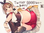  1girl :d atelier_(series) atelier_ryza brown_eyes brown_hair brown_legwear eyebrows_visible_through_hair hat looking_at_viewer mahito open_mouth red_shorts reisalin_stout short_hair short_shorts shorts smile solo teeth thigh-highs thighs white_headwear 