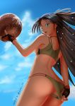  1girl alternate_costume ass ball black_hair blue_eyes blue_sky blush bokukawauso breasts clouds from_below gloves hair_ribbon kantai_collection katsuragi_(kantai_collection) long_hair mokerou open_mouth partly_fingerless_gloves ponytail ribbon sky small_breasts swimsuit very_long_hair 