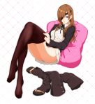  1girl ass blue_eyes boots breasts brown_hair brown_legwear dress eyepatch fate/grand_order fate_(series) highres long_hair looking_at_viewer ophelia_phamrsolone pantyhose parted_lips sami_(object_dump) shoes_removed sitting solo thigh-highs thigh_boots 