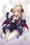  +_+ 1girl ahoge aliceblue bat_hair_ornament bell bell_choker blonde_hair breasts choker demon_girl dress fangs gloves hair_ornament highres horns long_hair looking_at_viewer low_wings ponytail small_breasts smile solo succubus thigh-highs violet_eyes wings zoom_layer 