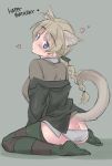  1girl animal_ear_fluff animal_ears aohashi_ame ass blonde_hair blue_eyes blush braid brown_sweater cat_ears cat_tail grey_background happy_birthday head_tilt heart highres jacket long_braid looking_at_viewer lynette_bishop panties single_braid sitting sketch solo strike_witches striped striped_legwear sweater tail thigh-highs thighs underwear wariza white_panties world_witches_series 