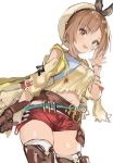  1girl artist_request atelier_(series) atelier_ryza belt blush brown_eyes brown_hair hair_ornament hairclip hat highres jewelry looking_at_viewer necklace open_mouth red_shorts reisalin_stout short_shorts shorts smile solo thigh-highs thighs 