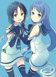  2girls bangs blue_background blue_eyes blue_hair blue_legwear blush elbow_gloves eyebrows_visible_through_hair gloves gradient_hair green_eyes hair_ribbon highres holding_hands kantai_collection long_hair low_twintails multicolored_hair multiple_girls neckerchief open_mouth ribbon sailor_collar samidare_(kantai_collection) school_uniform serafuku shirt simple_background skirt sleeveless sleeveless_shirt suzukaze_(kantai_collection) thigh-highs twintails twitter_username very_long_hair yukichi_(eikichi) 