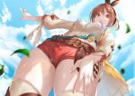  1girl atelier_(series) atelier_ryza belt blush breasts brown_eyes brown_hair buckle eyebrows_visible_through_hair green322 hair_ornament hairclip hat highres jewelry looking_at_viewer necklace reisalin_stout short_shorts shorts sky solo standing thigh-highs thighs 