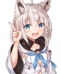  1girl :d absurdres ahoge animal_ear_fluff animal_ears blue_eyes collarbone detached_sleeves fox_ears highres hololive looking_at_viewer namekuji_ojiichan open_mouth shirakami_fubuki simple_background smile solo upper_body v virtual_youtuber white_background white_hair 