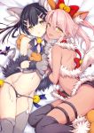  2girls :p animal_ears bell black_hair black_legwear black_panties blush bow breasts chloe_von_einzbern commentary eyebrows_visible_through_hair fake_animal_ears fate/kaleid_liner_prisma_illya fate_(series) fur_trim garter_straps gloves grey_legwear hair_bell hair_between_eyes hair_bow hair_ornament hairclip haishiki hands_on_another&#039;s_chest head_tilt highres long_hair looking_at_viewer lowleg lowleg_panties lying miyu_edelfelt multiple_girls navel open_mouth panties paw_gloves paws pink_hair shoulder_blades small_breasts thigh-highs tongue tongue_out twintails underwear yellow_background 