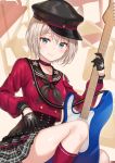  1girl absurdres aoba_moca aqua_eyes bang_dream! bangs black_gloves black_headwear black_neckwear blue_eyes chair choker electric_guitar gloves grey_hair guitar half_gloves hat highres holding holding_instrument instrument kneehighs long_sleeves looking_at_viewer lost_one_no_goukoku_(vocaloid) neckerchief peaked_cap plaid plaid_skirt pleated_skirt red_legwear red_shirt sailor_collar shirt short_hair sitting skirt smile solo star tokkyu_(user_mwwe3558) 