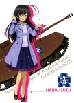  1girl absurdres ahoge black_eyes black_hair blue_coat blue_skirt brown_footwear character_name coat eyebrows_visible_through_hair floating_hair floral_print full_body girls_und_panzer grey_sweater ground_vehicle hair_between_eyes highres isuzu_hana jewelry long_hair long_sleeves looking_at_viewer medium_skirt military military_vehicle motor_vehicle necklace open_clothes open_coat open_mouth panzerkampfwagen_iv print_skirt pumps see-through_silhouette shadow shiny shiny_hair skirt solo sweater tank very_long_hair white_background 