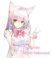  1girl animal_ear_fluff animal_ears aqua_nails arm_behind_back bangs bare_arms bare_shoulders bell bow bowtie breasts cat_ears closed_mouth crop_top followers glint green_eyes hair_between_eyes hand_up highres hits jingle_bell large_breasts long_hair looking_at_viewer midriff miwabe_sakura nail_polish navel original pink_neckwear shirt simple_background sleeveless sleeveless_shirt smile solo stomach thank_you upper_body v white_background white_hair white_shirt 