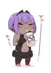  1girl :3 =_= bangs bare_shoulders black_bodysuit black_sleeves blush bodysuit chibi closed_eyes closed_mouth cup dark_skin detached_sleeves disposable_cup drinking drinking_straw eyebrows_visible_through_hair fate/prototype fate/prototype:_fragments_of_blue_and_silver fate_(series) full_body hair_between_eyes hassan_of_serenity_(fate) holding holding_cup i.u.y long_sleeves purple_hair shadow sleeves_past_wrists solo standing stirrup_legwear toeless_legwear translated v-shaped_eyebrows white_background 