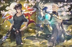  2boys black_hair bomssp cherry_blossoms detached_arm fingerless_gloves gloves highres jacket jacket_on_shoulders keith_(voltron) knife male_focus multiple_boys pilot_suit prosthesis prosthetic_arm red_jacket scar silver_hair takashi_shirogane voltron:_legendary_defender white_hair 