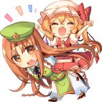  2girls :d ^_^ alternate_eye_color arms_up ascot black_neckwear blonde_hair blush bow braid breasts brown_hair carrying chibi china_dress chinese_clothes closed_eyes crystal dress eyebrows_visible_through_hair eyes_visible_through_hair fangs flandre_scarlet full_body green_dress happy hat hat_bow hong_meiling kirero leaning_forward long_hair looking_back mob_cap multiple_girls no_nose open_mouth pants pants_under_dress piggyback puffy_pants puffy_short_sleeves puffy_sleeves redhead shirt shoes short_hair short_sleeves side_ponytail simple_background skirt skirt_set smile sweatdrop touhou twin_braids very_long_hair white_background white_shirt wings wrist_cuffs yellow_neckwear 