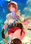  1girl absurdres atelier_(series) atelier_ryza bangs belt blush breasts brown_eyes brown_hair celeryma hair_ornament hairclip hat highres jewelry looking_at_viewer navel necklace potion red_shorts reisalin_stout short_shorts shorts smile solo thigh-highs thighs vial 