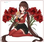  1girl artist_name bangs black_hair blunt_bangs blush commentary commission dangan_ronpa eyebrows_visible_through_hair flower hair_ornament hairclip harukawa_maki highres holding holding_stuffed_animal instagram_logo jewelry kneeling long_hair looking_at_viewer low_twintails mole mole_under_eye new_dangan_ronpa_v3 no_shoes object_hug plaid plaid_skirt pleated_skirt puppypaww red_eyes red_flower red_legwear red_scrunchie red_shirt ring school_uniform scrunchie serafuku shirt simple_background skirt solo stuffed_animal stuffed_toy teddy_bear thigh-highs twintails twitter_logo v-shaped_eyebrows very_long_hair white_background 