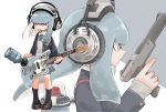  1girl bangs black_jacket black_legwear blazer blue_neckwear blunt_bangs brown_eyes brown_footwear commentary domino_mask dress_shirt english_text grey_hair grey_sweater guitar head_tilt highres holding holding_instrument holding_weapon ink_tank_(splatoon) inkling instrument jacket loafers long_hair mask matsuda_hikari medium_skirt mouth_hold multiple_views n-zap_(splatoon) necktie nintendo plaid plaid_neckwear plaid_skirt pleated_skirt plectrum pointy_ears school_uniform shirt shoes skirt socks solo splatoon_(series) splatoon_2 standing suction_bomb_(splatoon) sweater tentacle_hair v-neck weapon white_background white_shirt wing_collar 